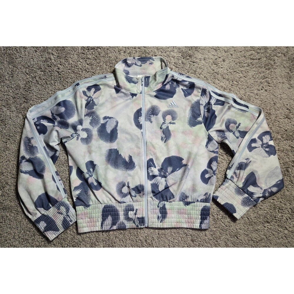 Adidas Cropped Track Jacket Floral Blue Pink Youth Size 16 XL Wide Band Hawaiian